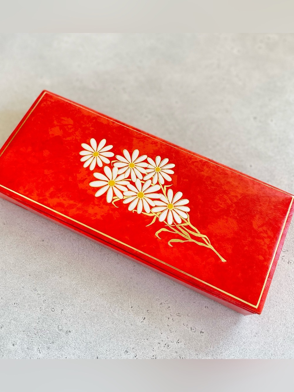 Vtg 70s Flower Power Daisy Pencil Card Storage Box Orange Gold Attached Lid MCM